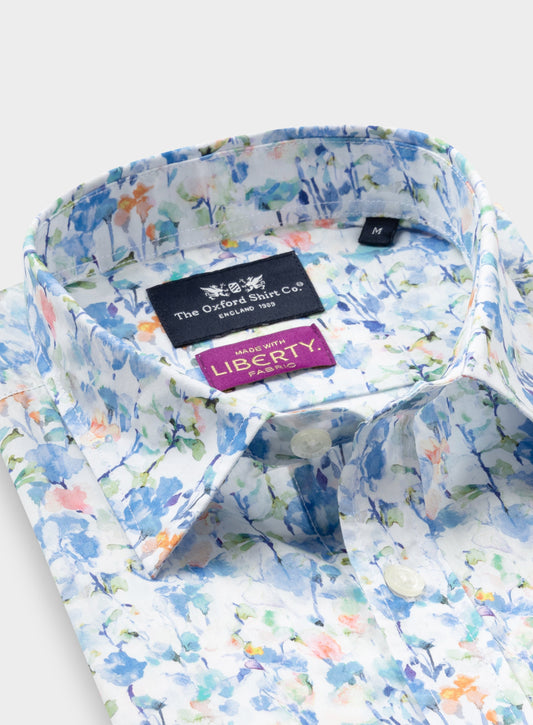 Women’s shirt in Inky Fields Blue Liberty fabric.