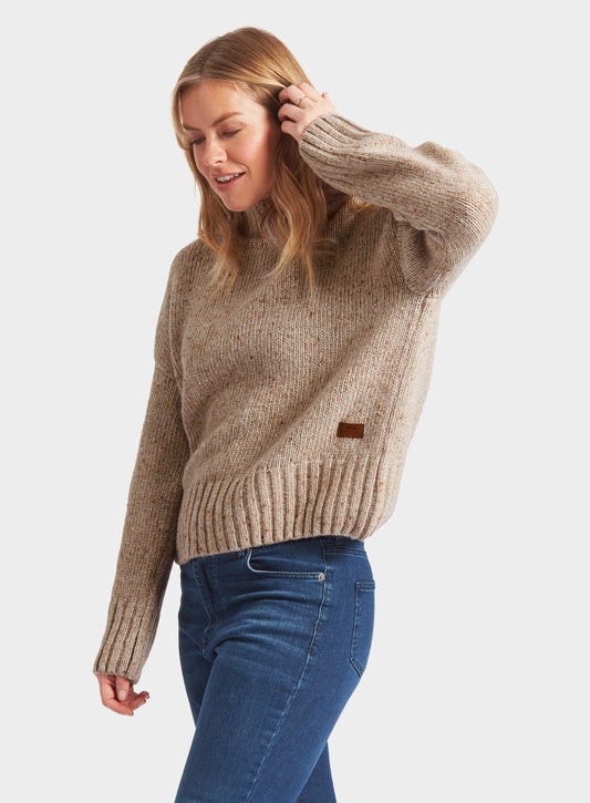 Women’s knitted neppy turtle neck jumper in Oatmeal.