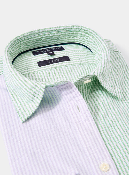 Close-up of women's lilac and green patch stripe Oxford shirt with classic collar and Oxford Shirt Company label