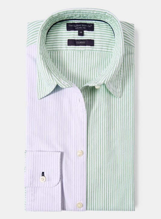 Women's lilac and green patch stripe Oxford shirt folded front view with classic collar and cuff detail