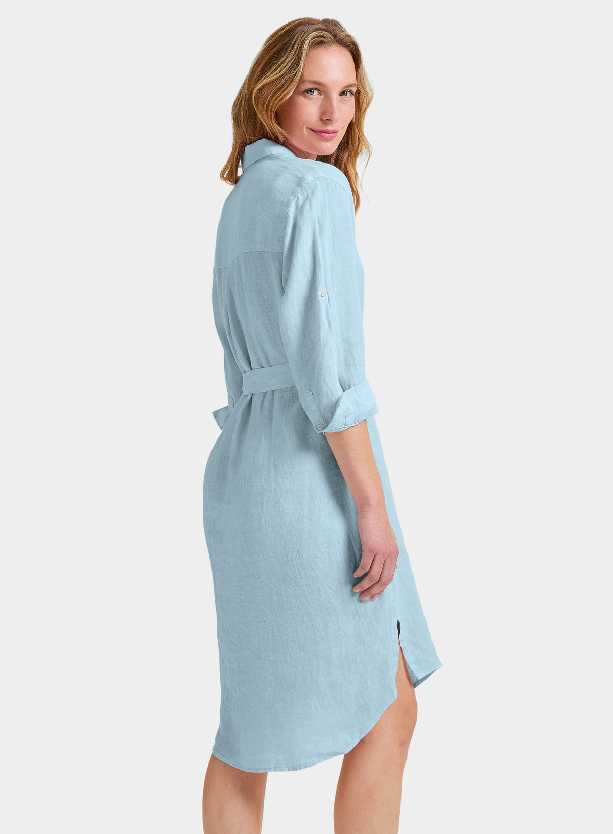Women’s linen shirt dress in Light Blue.