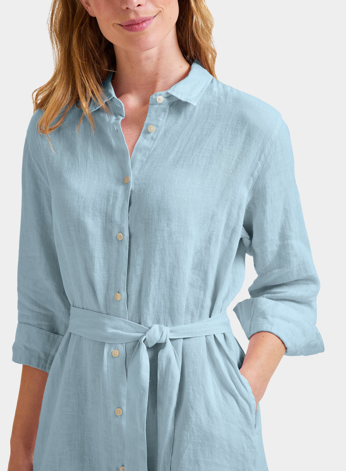 Women’s linen shirt dress in Light Blue.