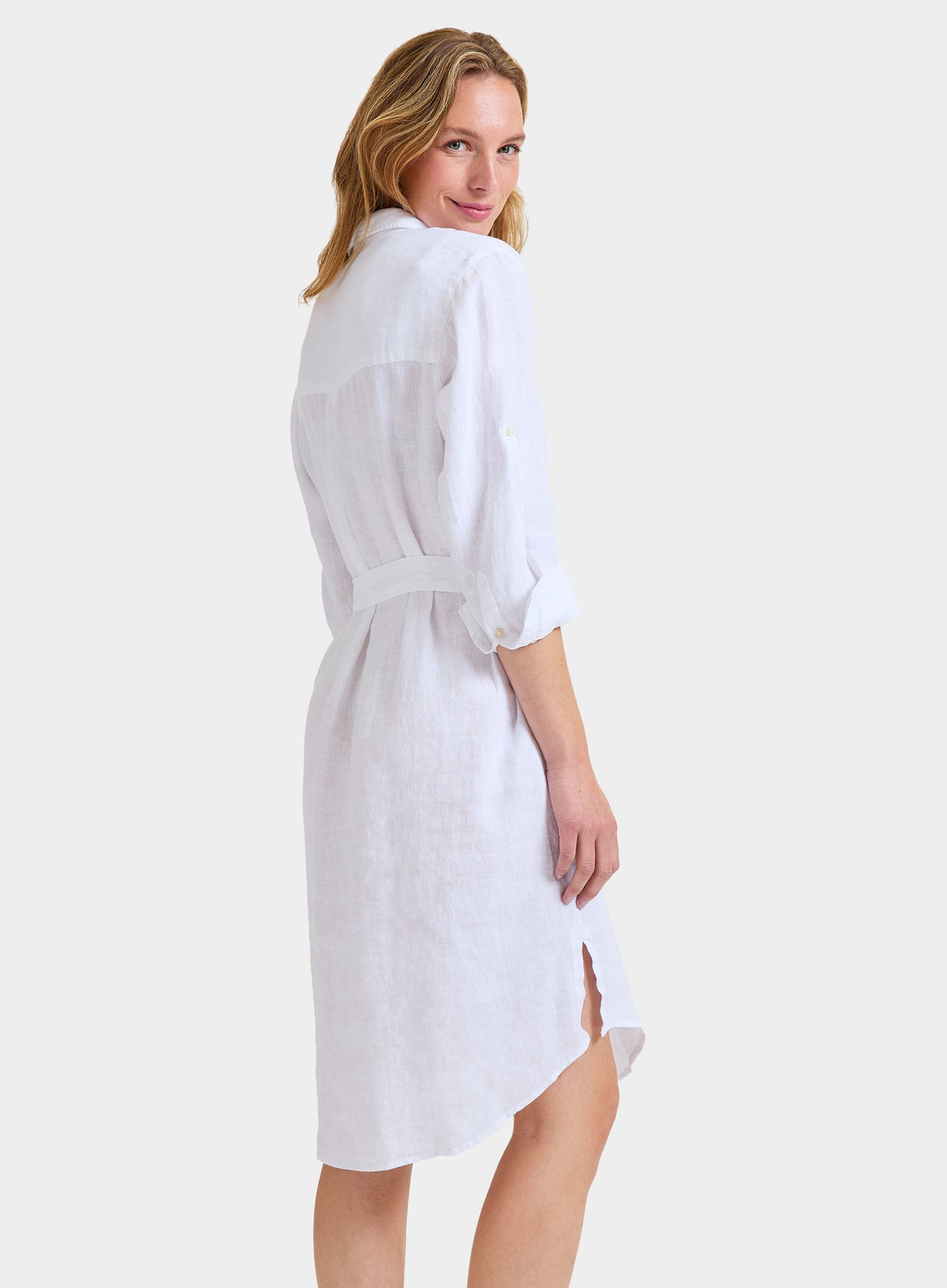 Women’s linen shirt dress in White.