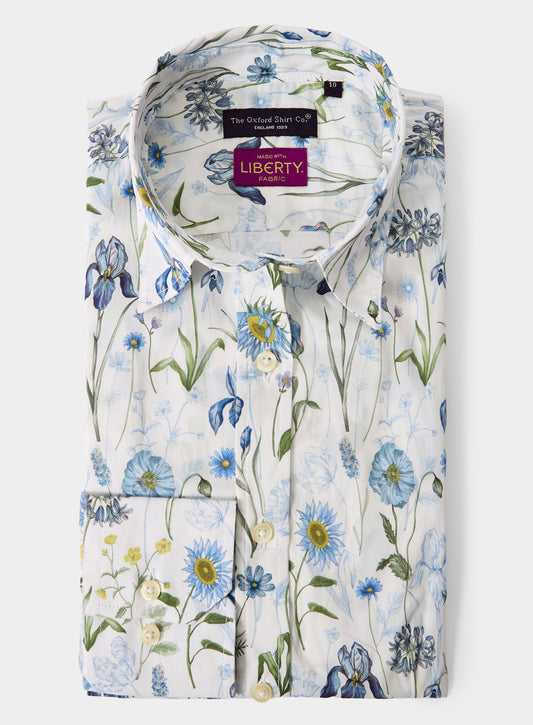 Women’s shirt in Meadow Muse Blues Liberty fabric.