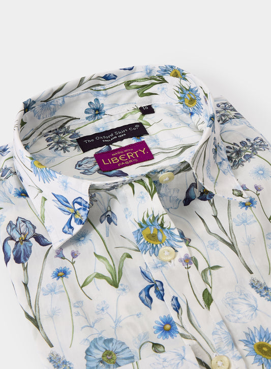 Women’s shirt in Meadow Muse Blues Liberty fabric.