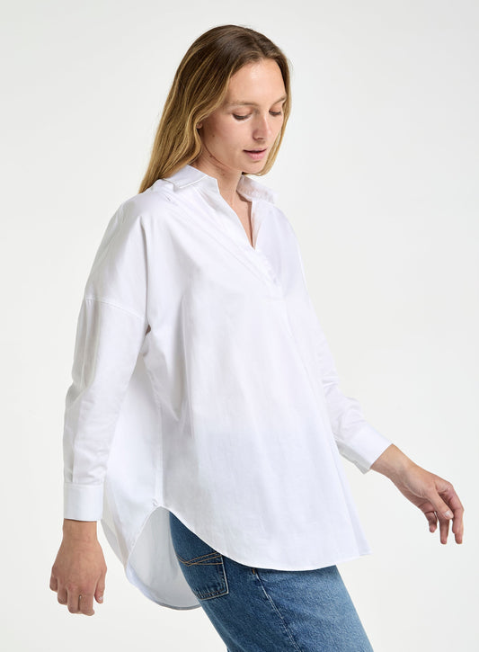 Women’s open collar blouse in White.