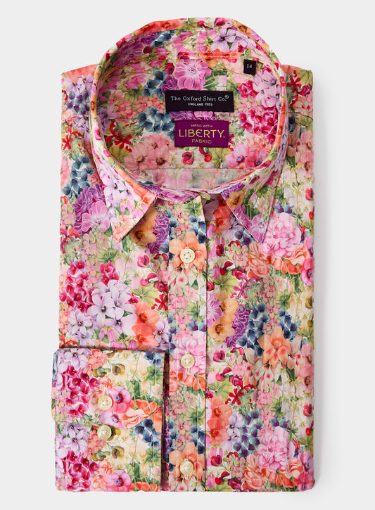 Women’s shirt in Painted Travels Bright Liberty fabric.