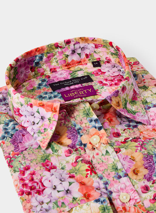 Women’s shirt in Painted Travels Bright Liberty fabric.