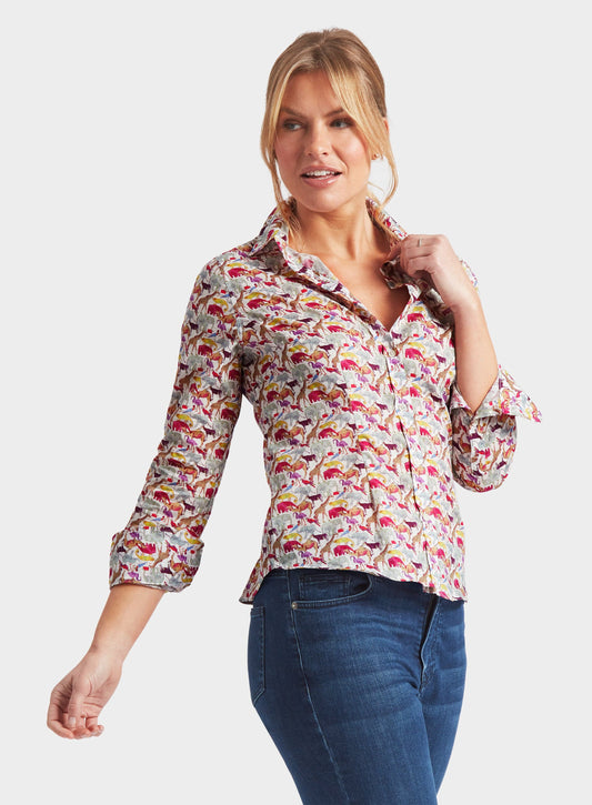 Women’s shirt in Queue for the Zoo Purple Liberty fabric.