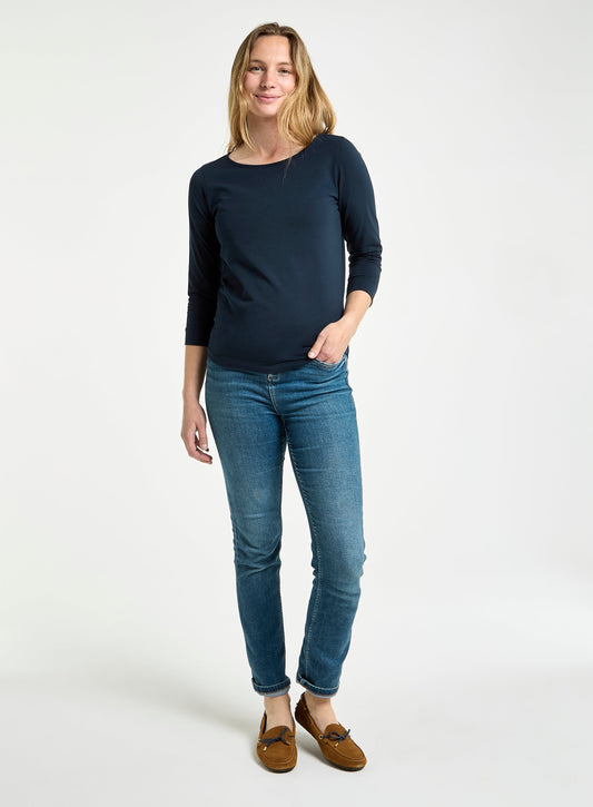 Women’s three-quarter sleeve boat neck cotton top in Navy.