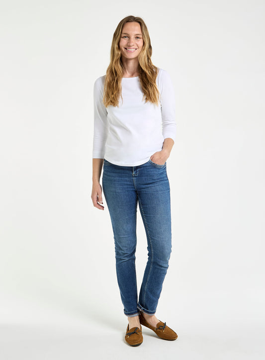Women’s three-quarter sleeve boat neck cotton top in White.