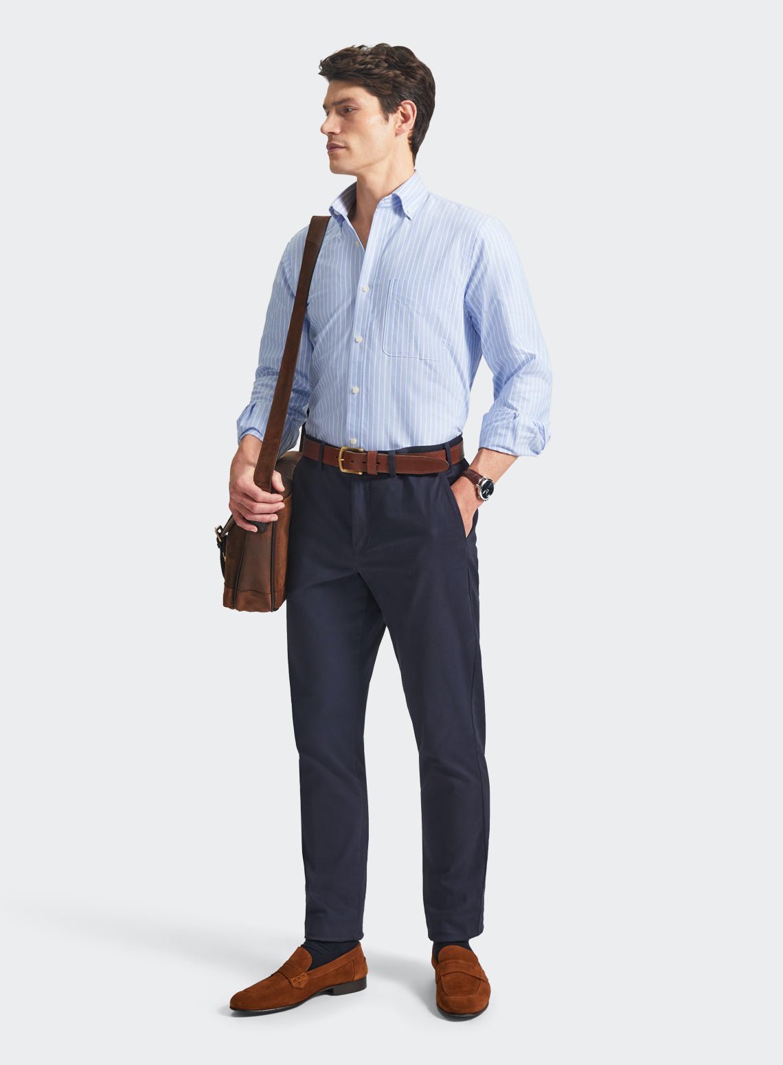 navy blue shirt and brown pants