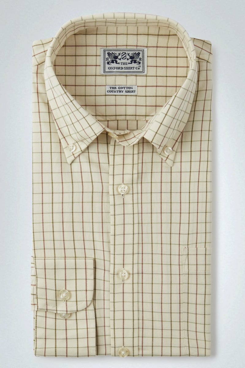 Button Down Tattersall Shirt in Beige and Green Check