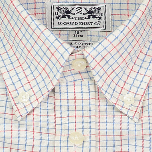 Button Down Tattersall Shirt in Fine Red and Blue Check