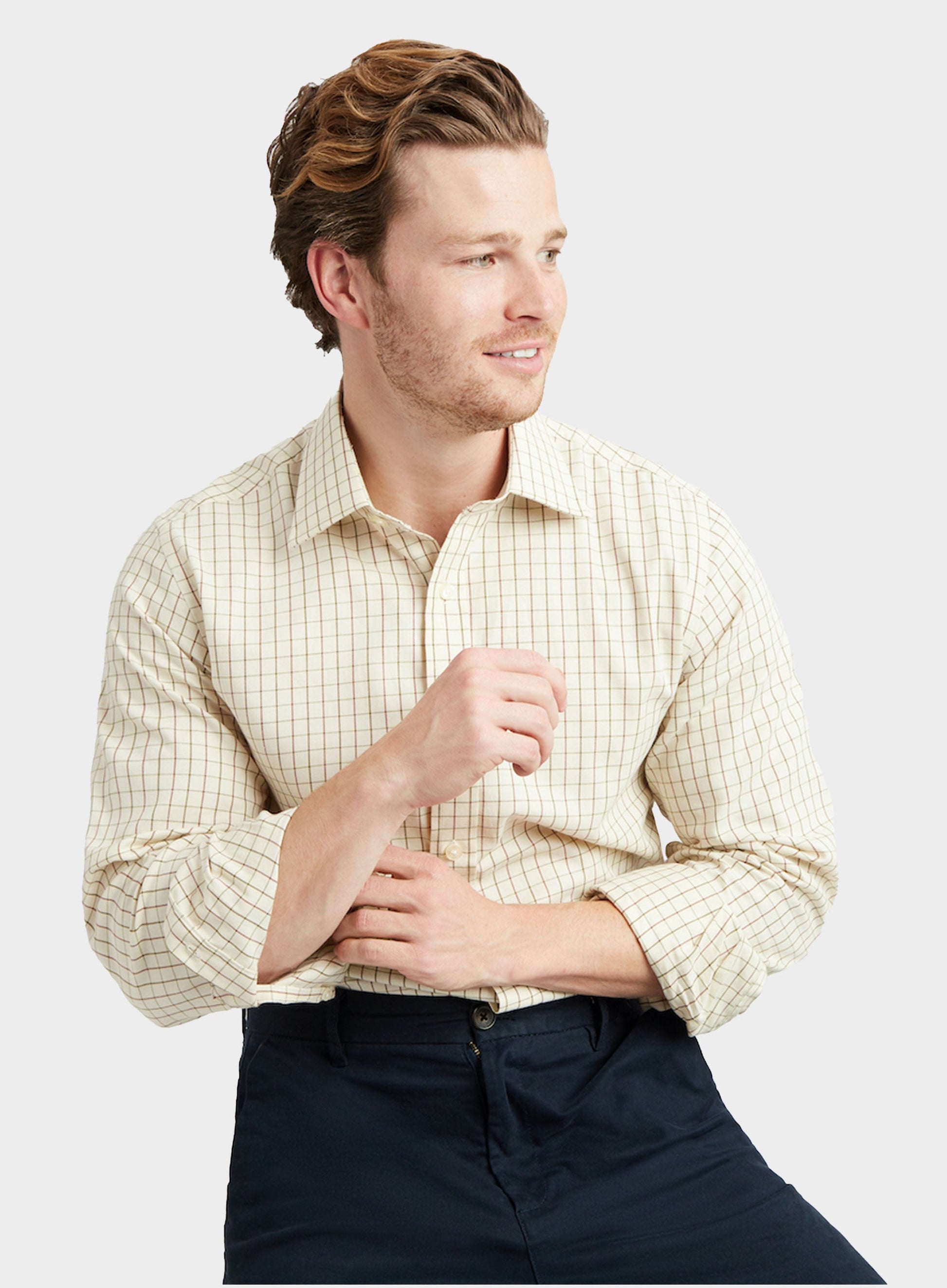 Classic Tattersall Shirt in Beige and Green Check