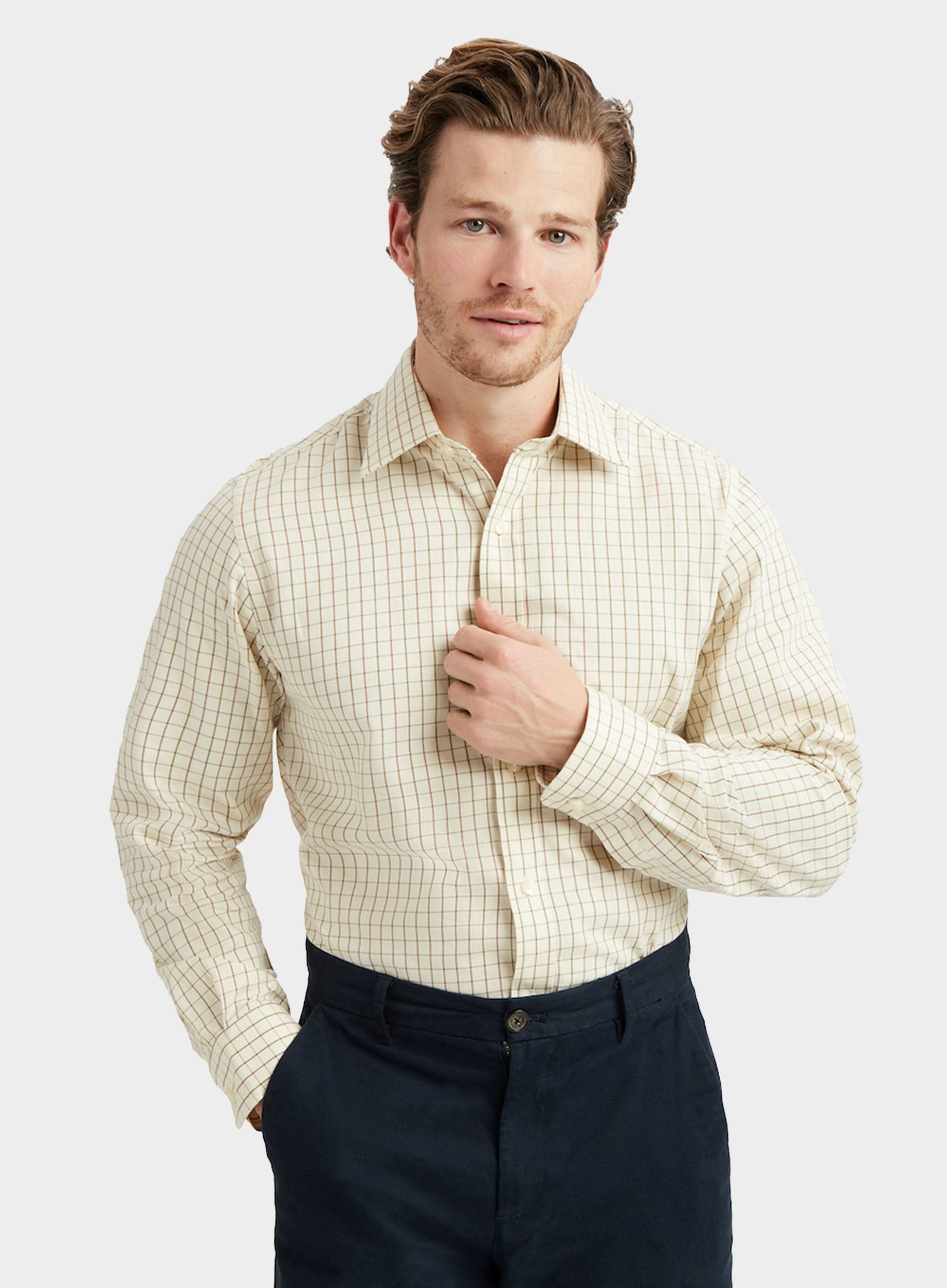 Classic Tattersall Shirt in Beige and Green Check