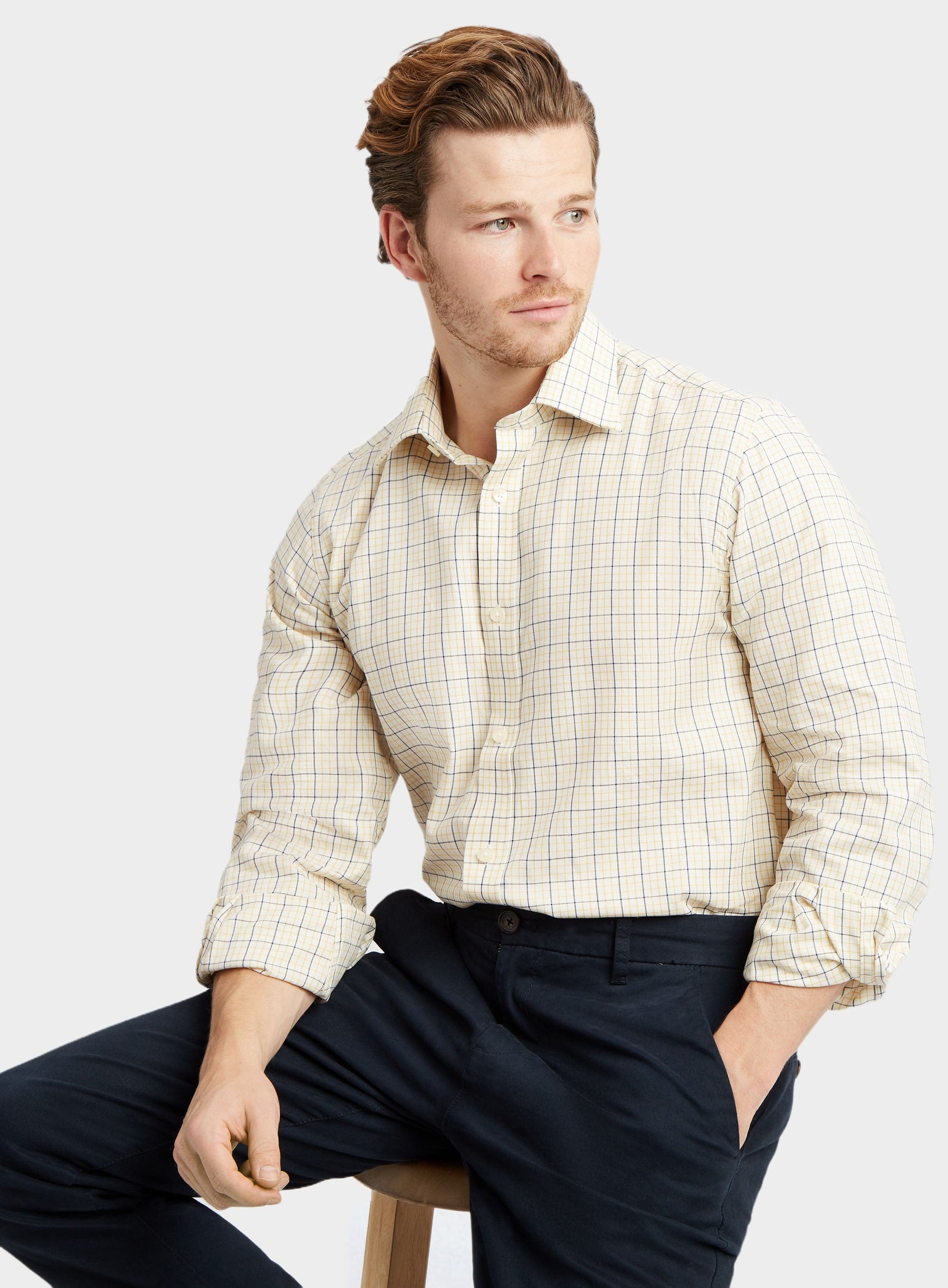 Classic Tattersall Shirt in Fine Yellow and Blue Check