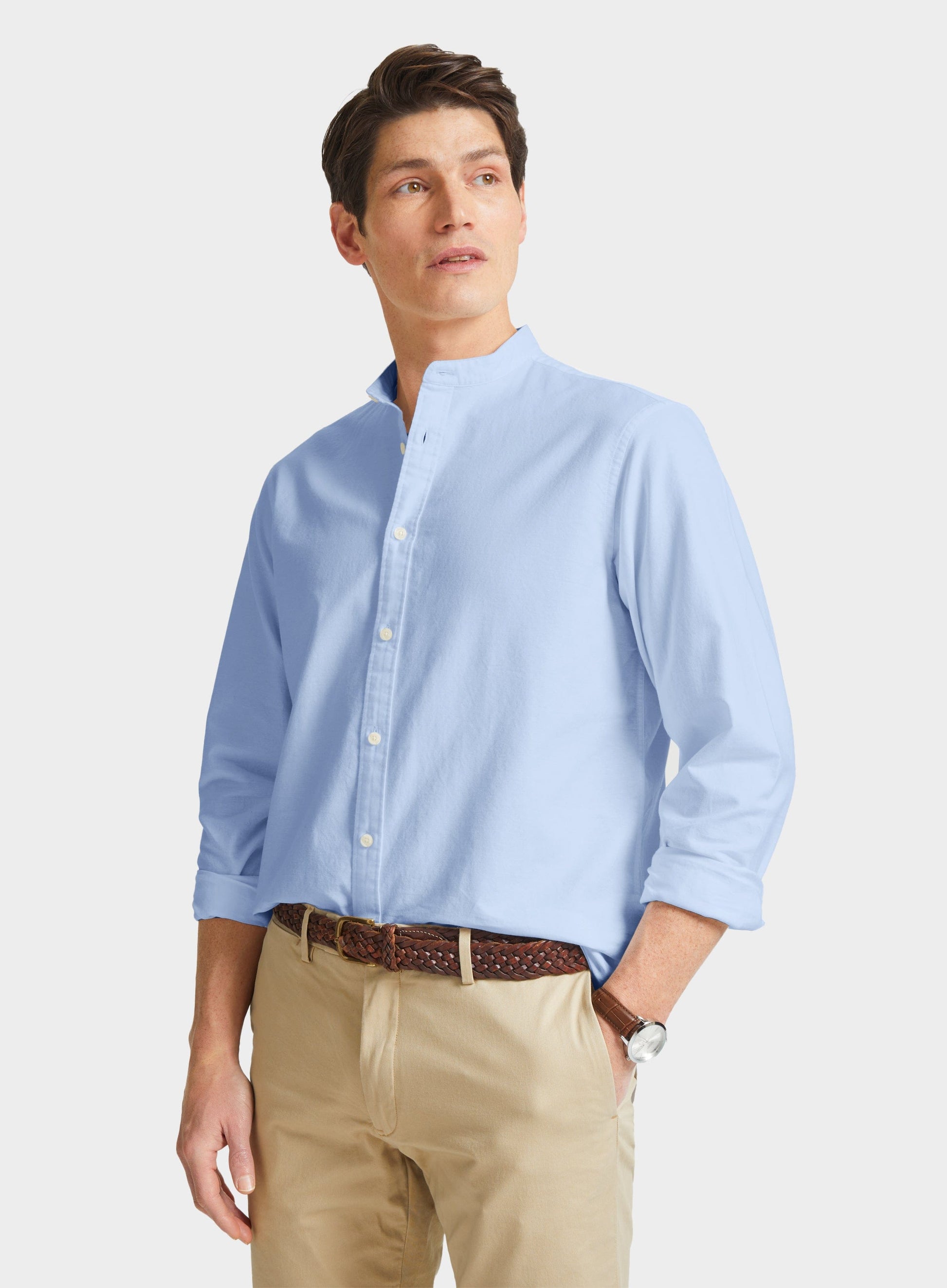 Collarless Oxford Shirt - Blue