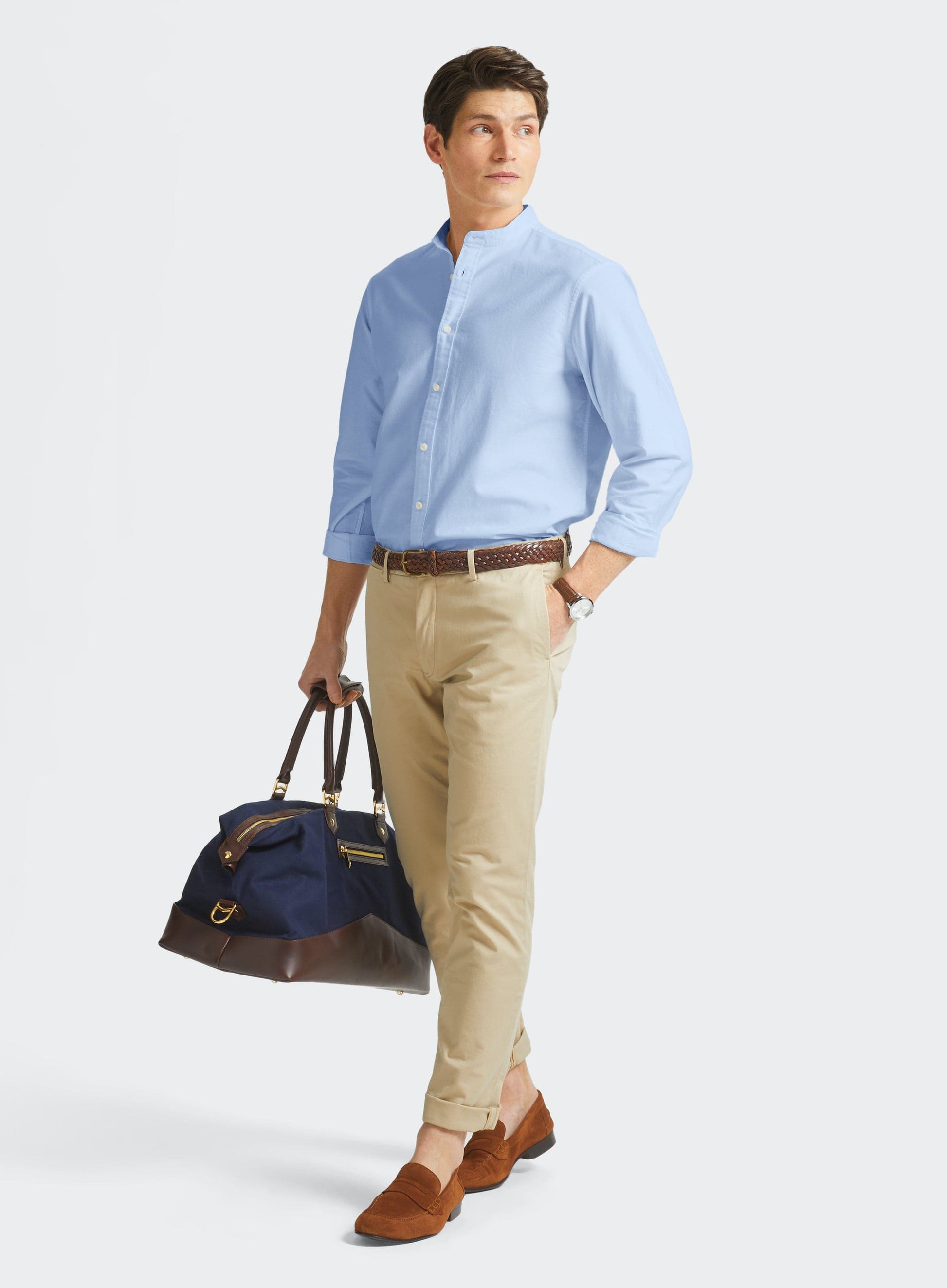 Collarless Oxford Shirt - Blue