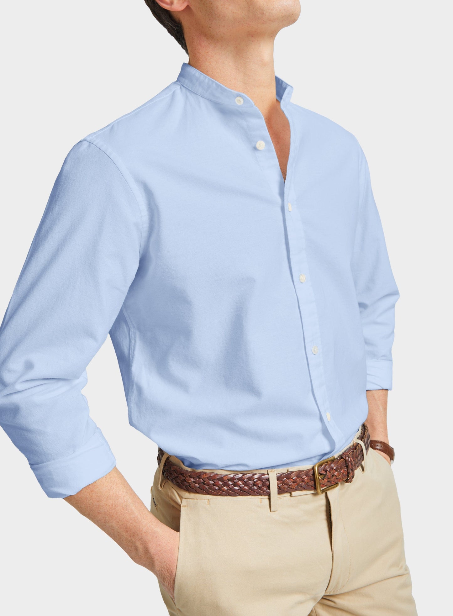 Collarless Oxford Shirt - Blue