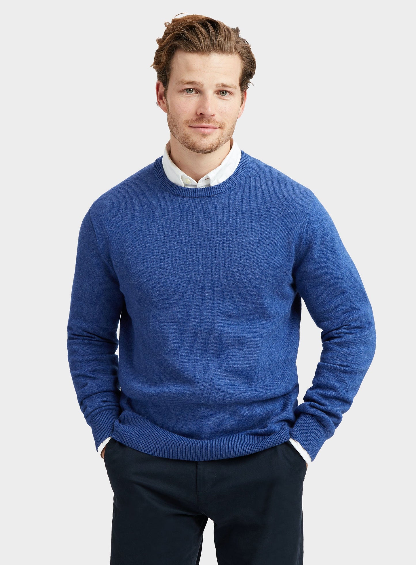 Mens Cotton Cashmere Crew Neck Jumper in Marine Blue - Oxford Shirt Co.