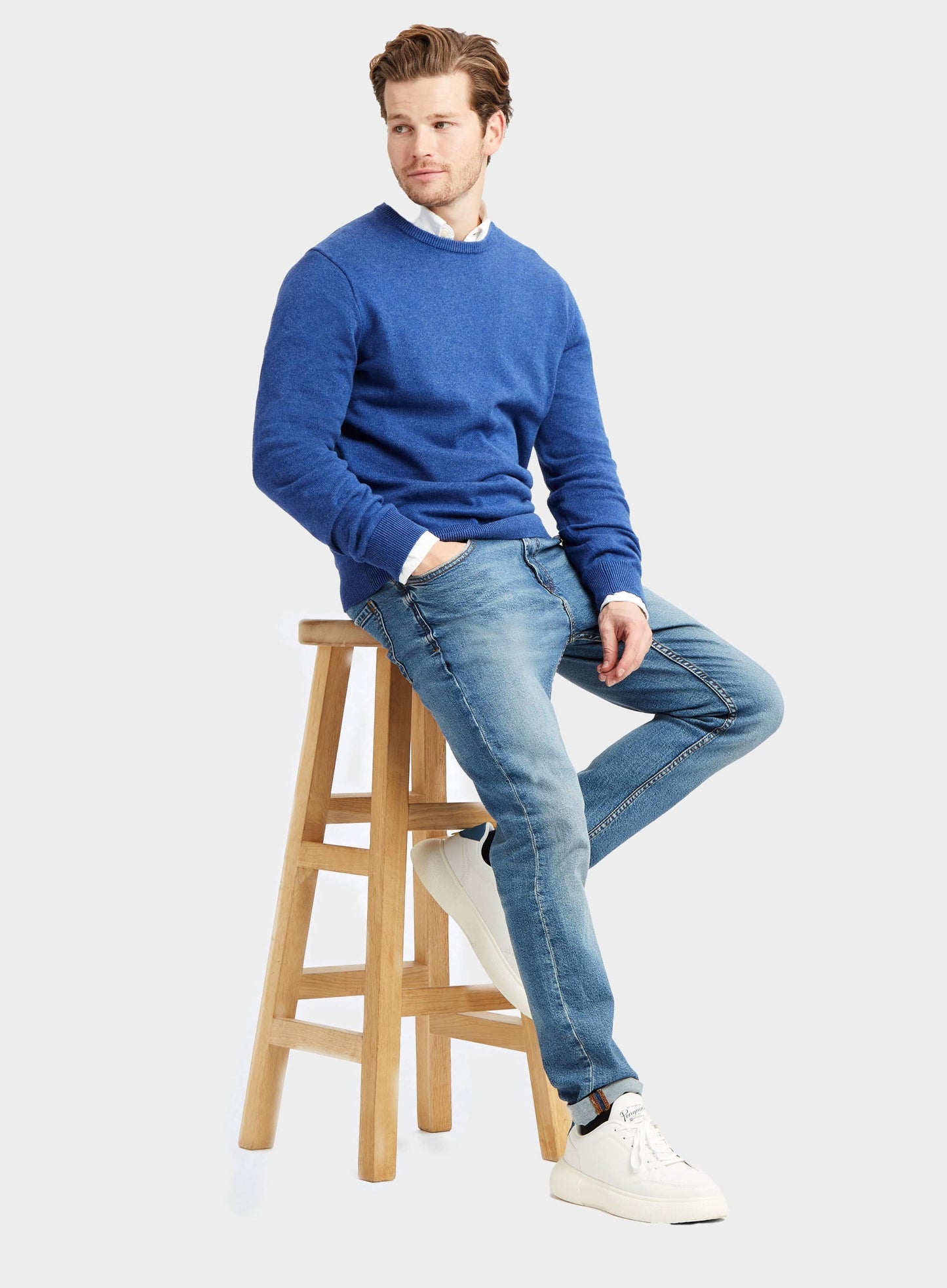 Cotton Cashmere Crew Neck in Marine Blue