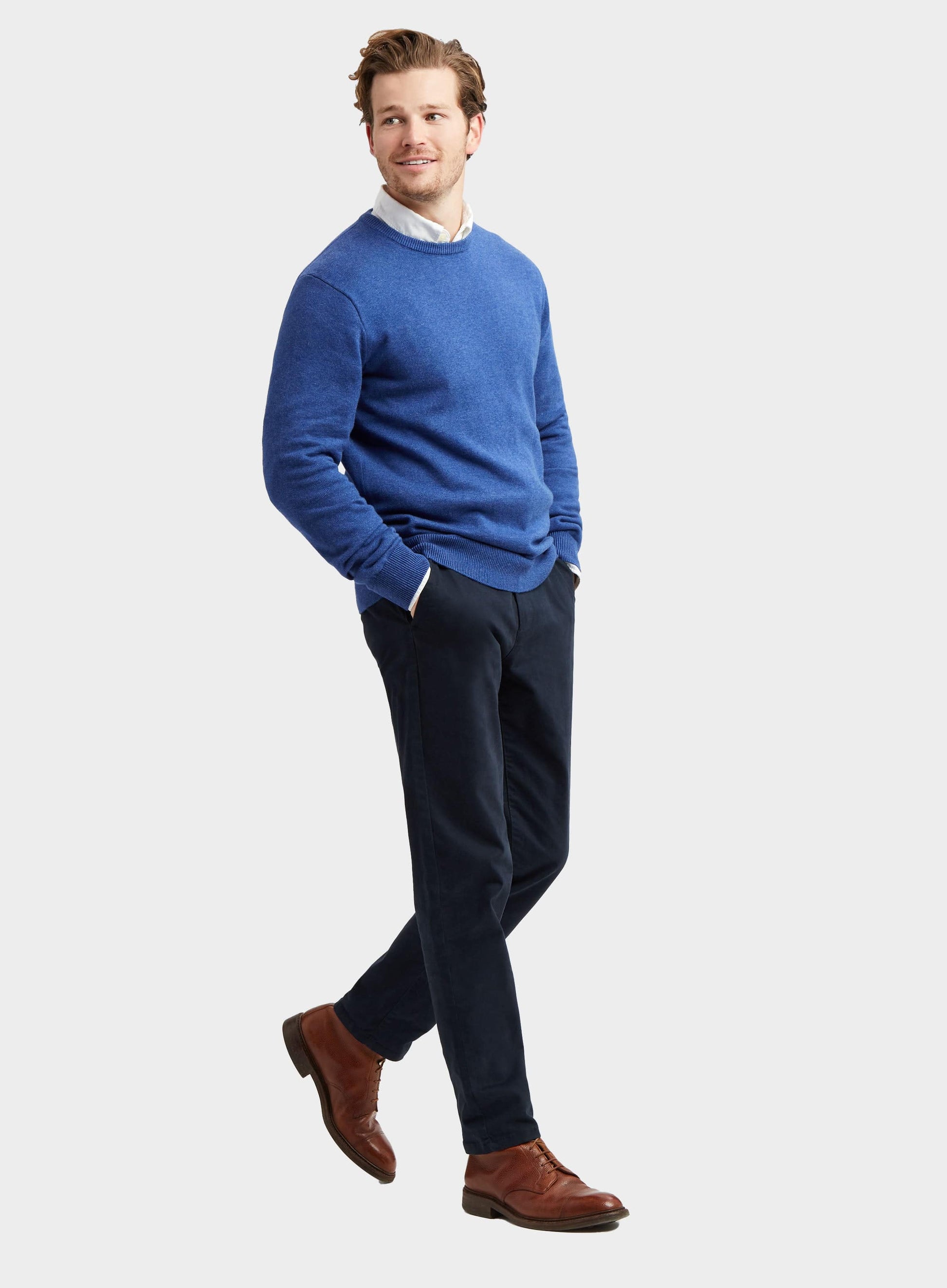 Cotton Cashmere Crew Neck in Marine Blue