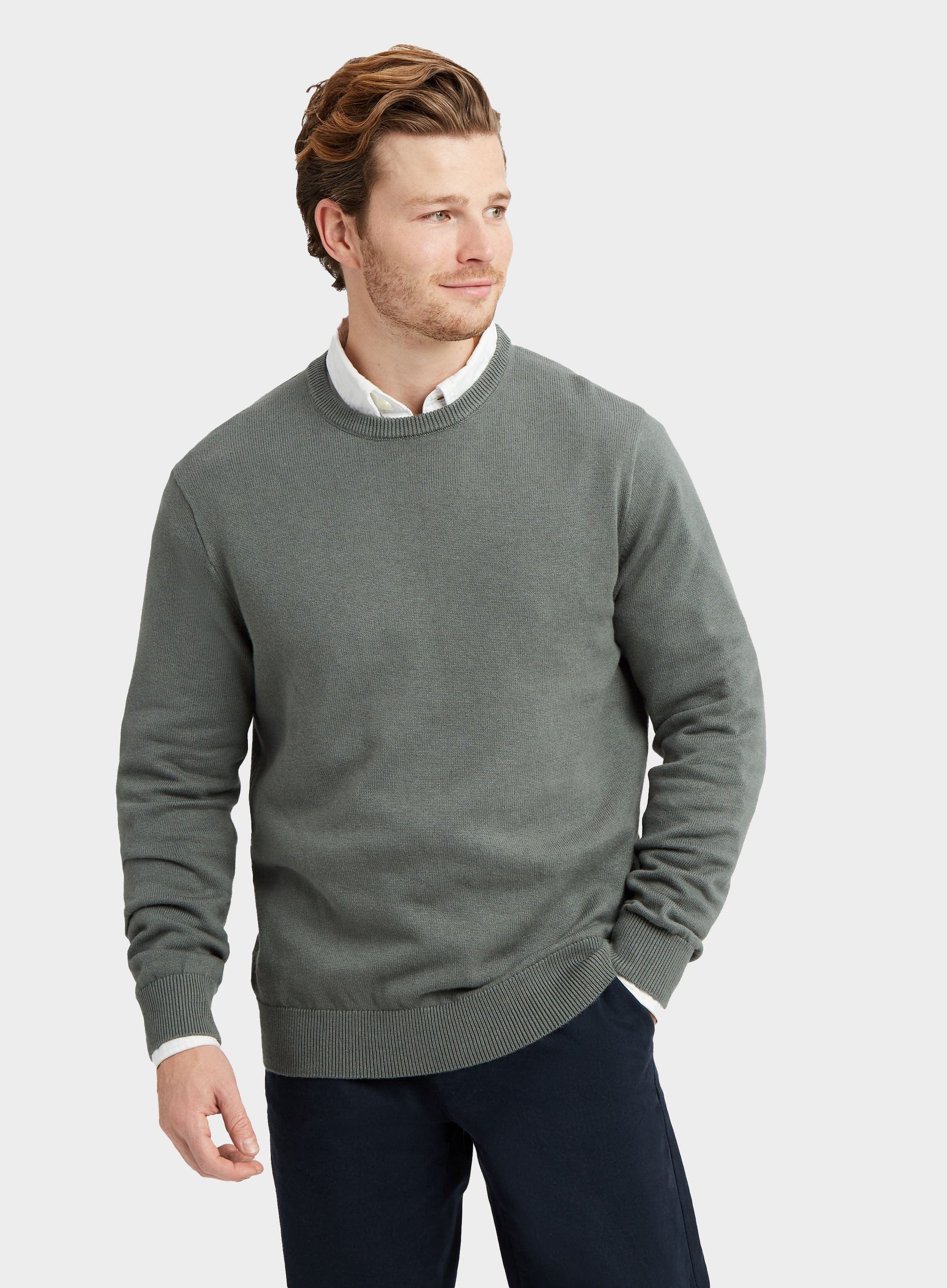 Mens Cotton Cashmere Crew Neck Jumper in Moss - Oxford Shirt Co. S