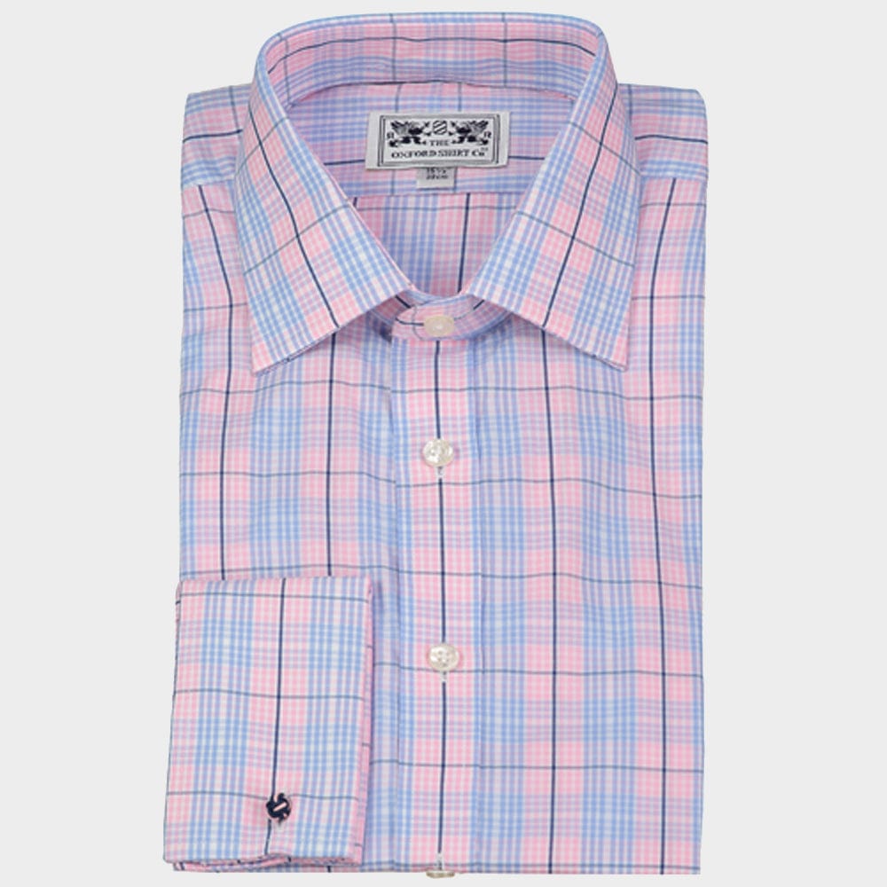 Double Cuff Shirt in Pink and Blue Multi Check