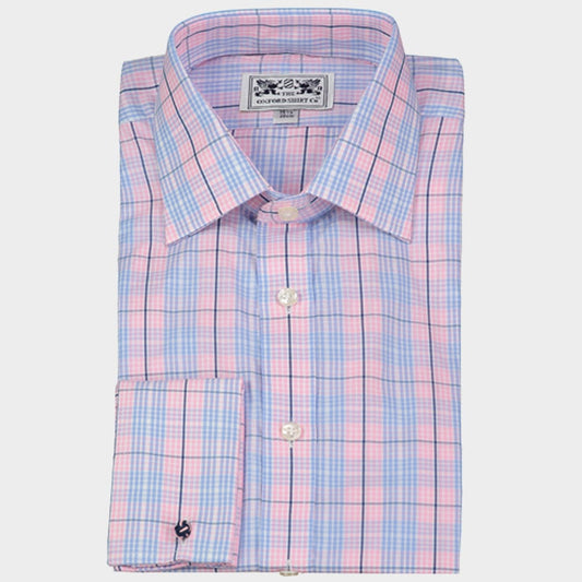 Double Cuff Shirt in Pink and Blue Multi Check
