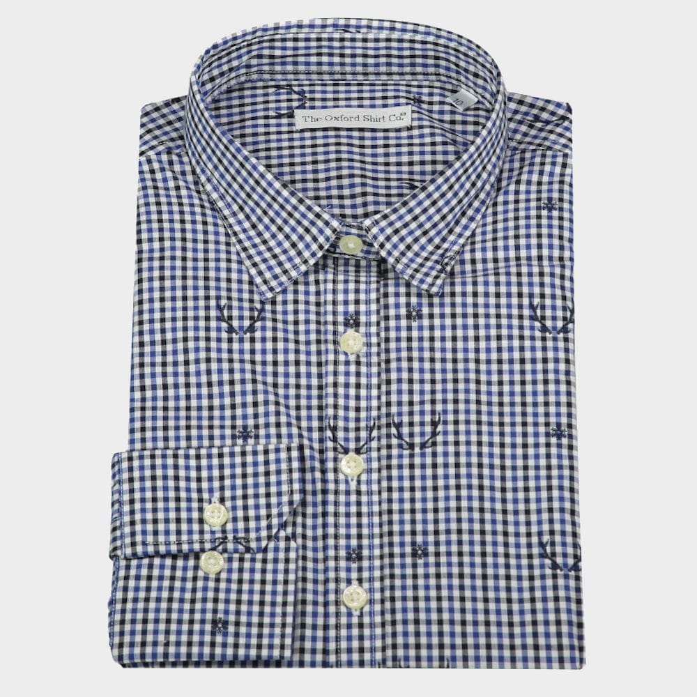 Gingham Stag Fitted Shirt in Navy