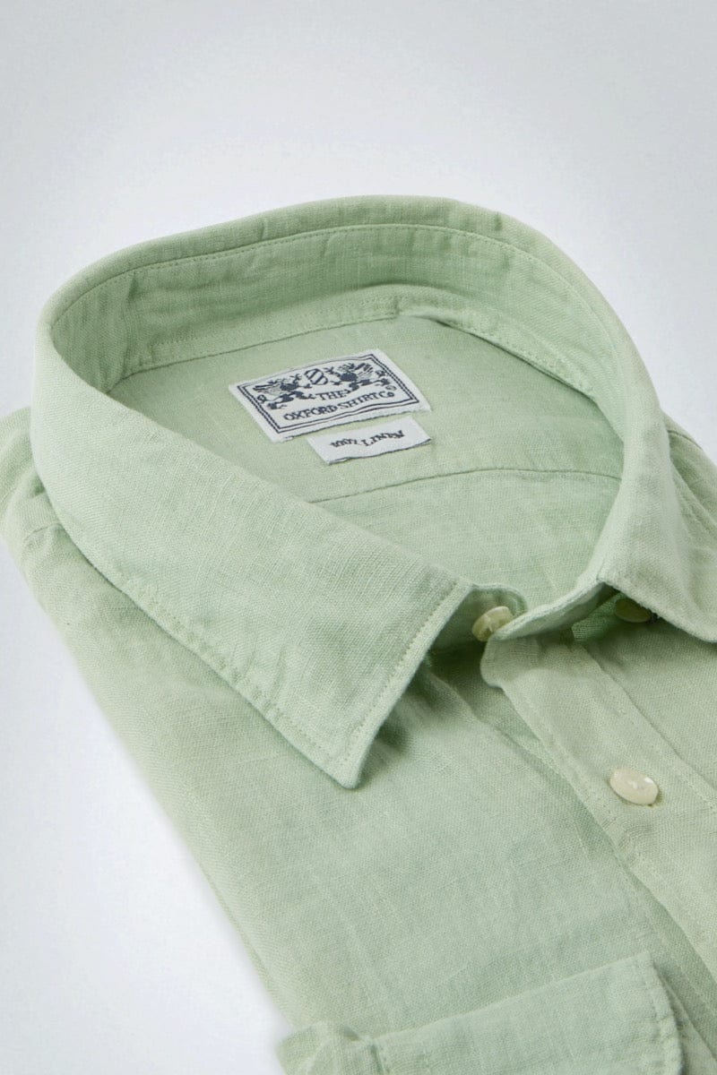 Mens Hidden Button Linen Shirt in Pea Green Oxford Shirt Co